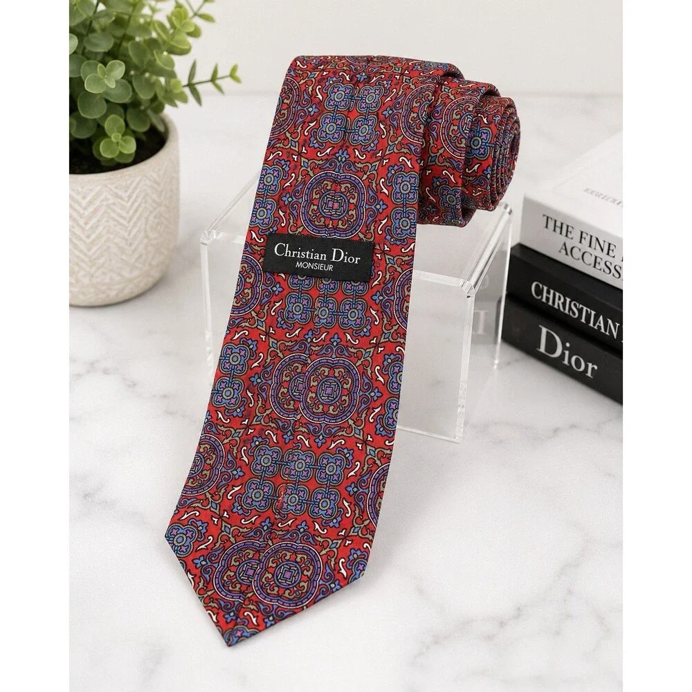 Vintage Christian Dior Silk Tie Necktie Red Geometric 4
